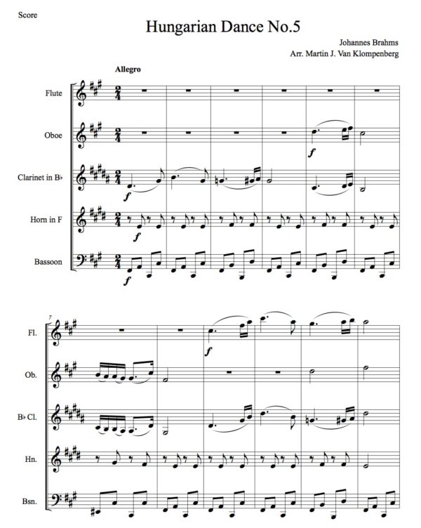 Brahms Hungarian Dance No.5 - Woodwind Quintet (Digital Download)
