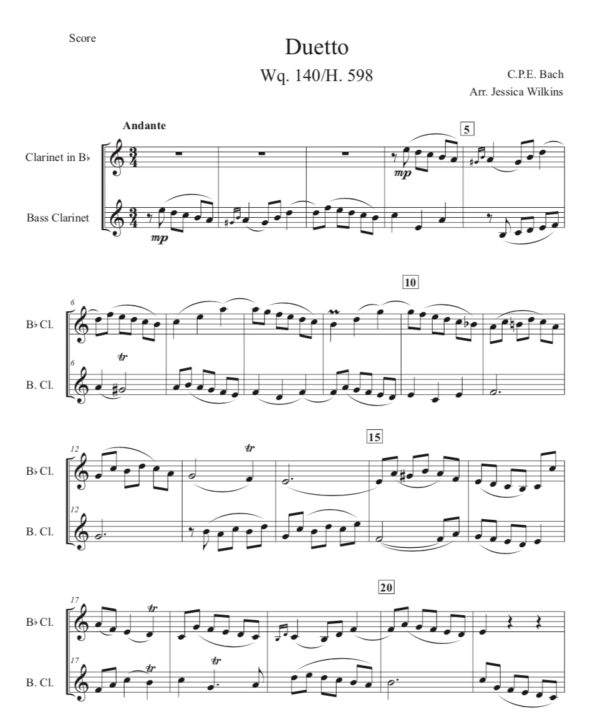 Bach Clarinet & Bass Clarinet Duet Wq. 140 Andante (Digital Download)