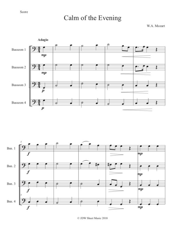 Mozart Calm of the Evening - Bassoon Quartet (Digital Download)