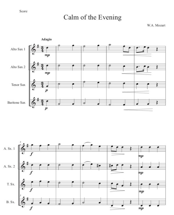 Mozart Calm of the Evening - Saxophone Quartet (Digital Download)