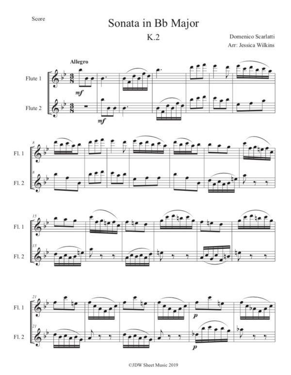 Scarlatti Sonata in B flat Major K.2 - Flute Duet (Digital Download)