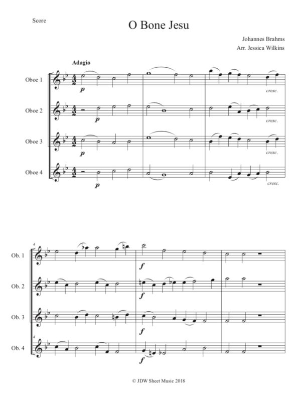 Brahms O Bone Jesu - Oboe Quartet (Digital Download)
