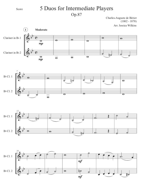 Beriot 5 Clarinet Duos for Early Intermediate players (Digital Download)