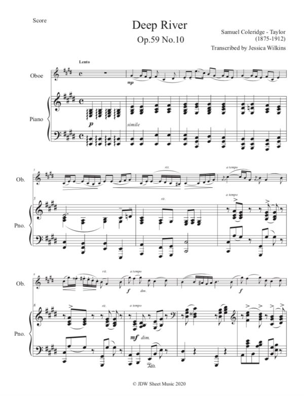 Coleridge Taylor Deep River - Oboe & Piano (Digital Download)